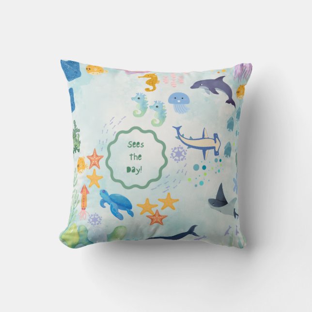 whimsical underwater adventure blue throw pillow (Front)