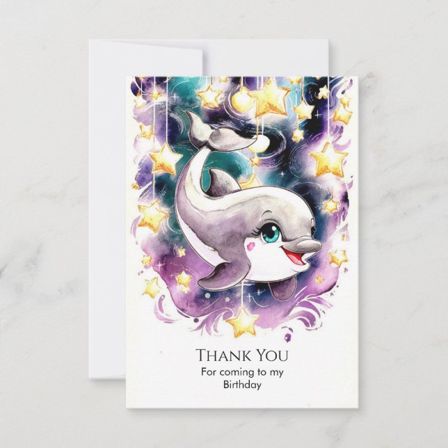 Whimsical Underwater Dolphin Birthday Thank You Card (Front)