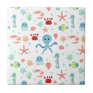 Whimsical Underwater Sea Creatures Ceramic Tile
