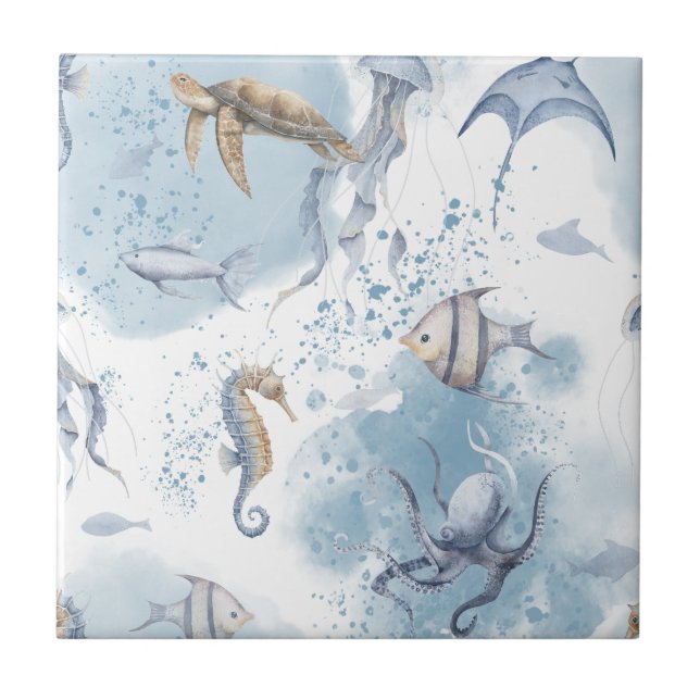 Whimsical Underwater World – Sea Creatures Pattern Ceramic Tile (Front)