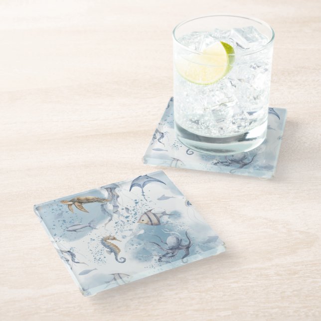 Whimsical Underwater World – Sea Creatures Pattern Glass Coaster (Angled)