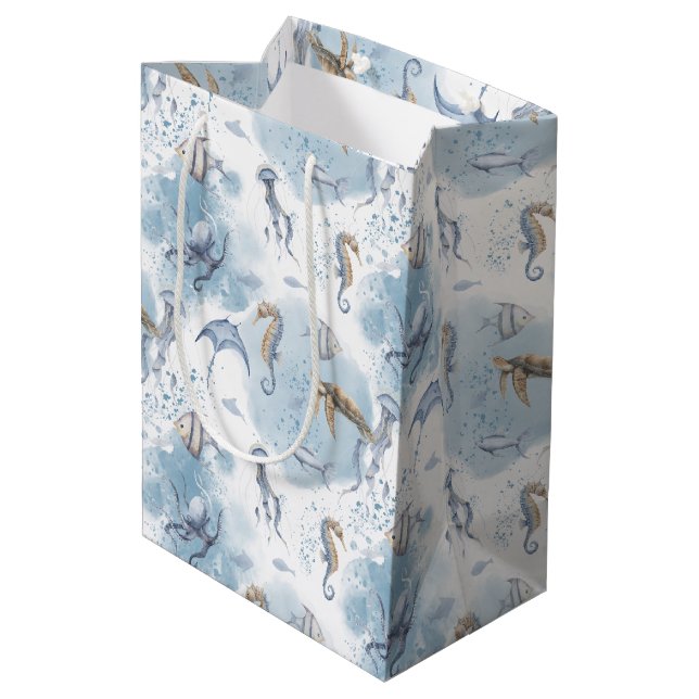 Whimsical Underwater World – Sea Creatures Pattern Medium Gift Bag (Back Angled)