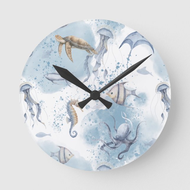 Whimsical Underwater World – Sea Creatures Pattern Round Clock (Front)