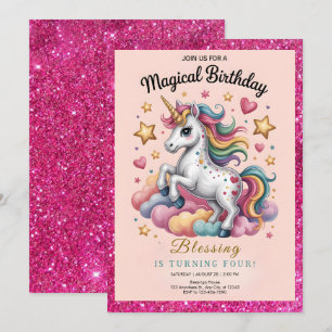 Whimsical Unicorn 4th Birthday Invitation