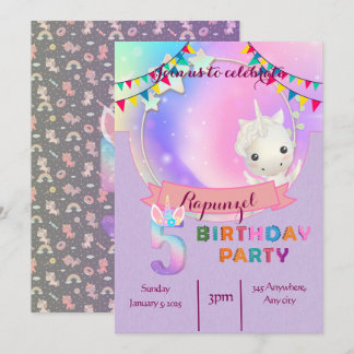 Whimsical Unicorn- 5th Birthday Party Invitation