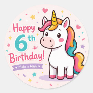 Whimsical Unicorn 6th Birthday Magic Classic Round Sticker