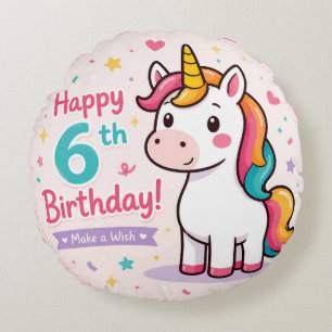 Whimsical Unicorn 6th Birthday Magic Round Pillow