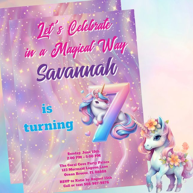 Whimsical Unicorn 7th Birthday Party Invite (Magical Unicorn Birthday Party Invitation)
