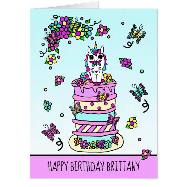 Whimsical Unicorn and Butterfly Birthday Cake Card (Front)