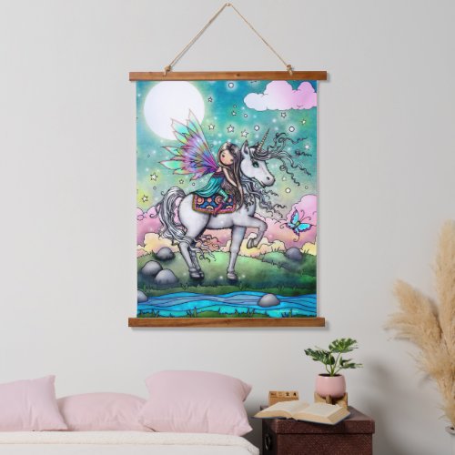 Whimsical Unicorn and Fairy Sweet Illustration Hanging Tapestry