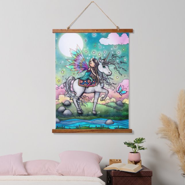 Whimsical Unicorn and Fairy Sweet Illustration Hanging Tapestry (Bedroom)