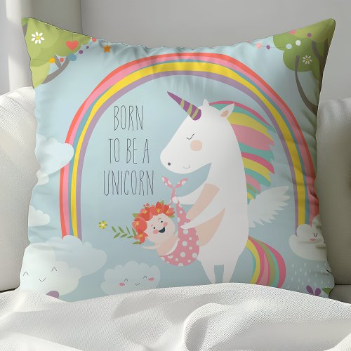 Whimsical Unicorn and Rainbow Baby Nursery Pillow