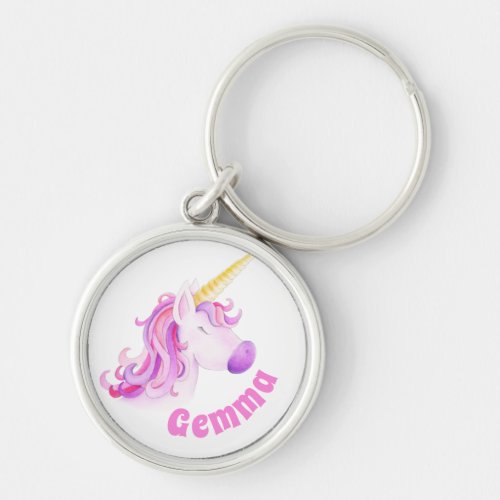 Whimsical unicorn art head personalized pink keychain