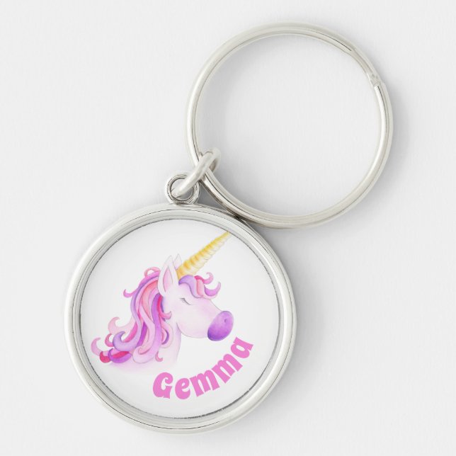 Whimsical unicorn art head personalized pink keychain (Front)