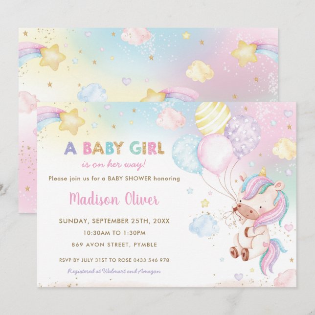 Whimsical Unicorn Balloons Rainbow Baby Shower Invitation (Front/Back)