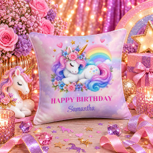 Whimsical Unicorn Birthday Girl Rainbow Throw Pill Pillow