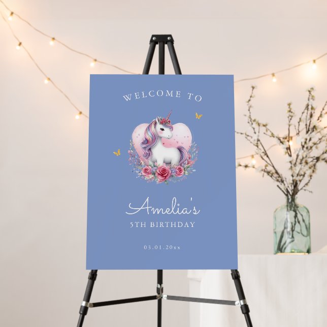 Whimsical Unicorn Blue Birthday Welcome Sign (In Situ (Stand))