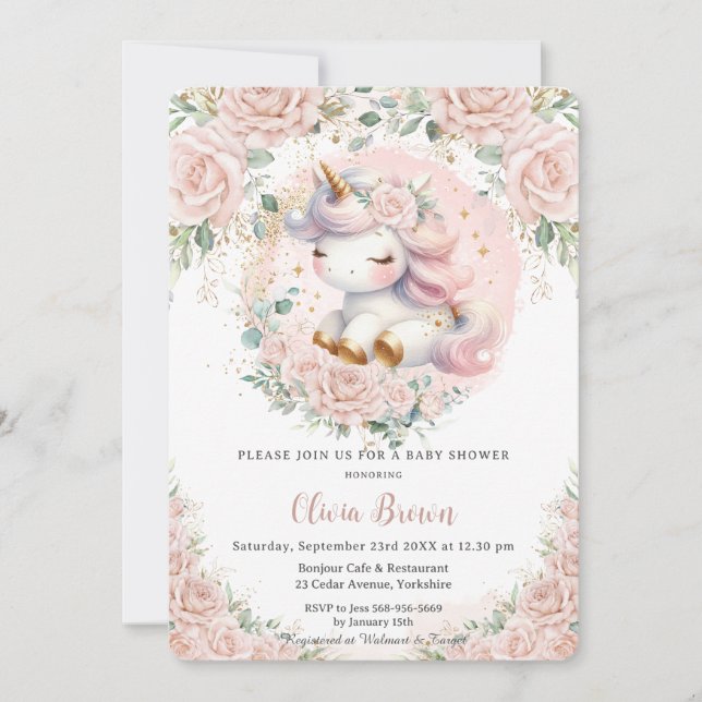 Whimsical Unicorn Blush Pink Floral Baby Shower Invitation (Front)