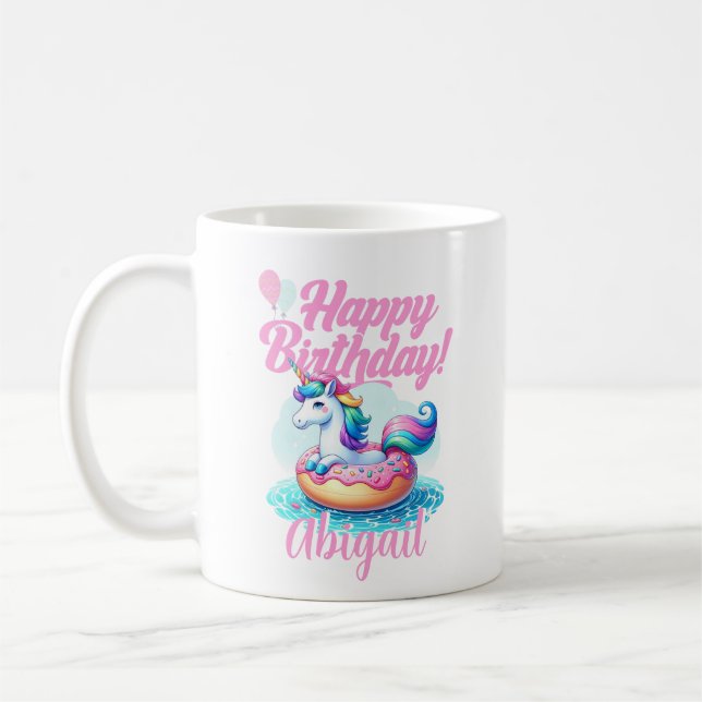 Whimsical Unicorn Donut Cute Rainbow Pool Party Coffee Mug (Left)