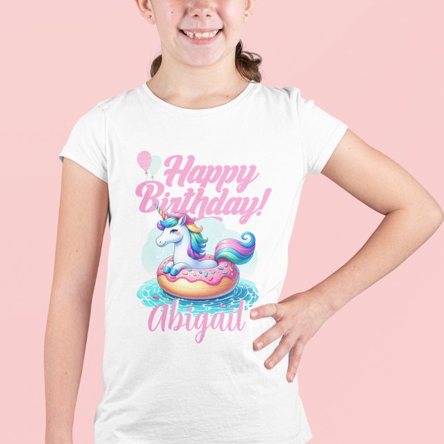 Whimsical Unicorn Donut Cute Rainbow Pool Party T-Shirt ( Girl wearing a "Happy Birthday" unicorn t-shirt.)