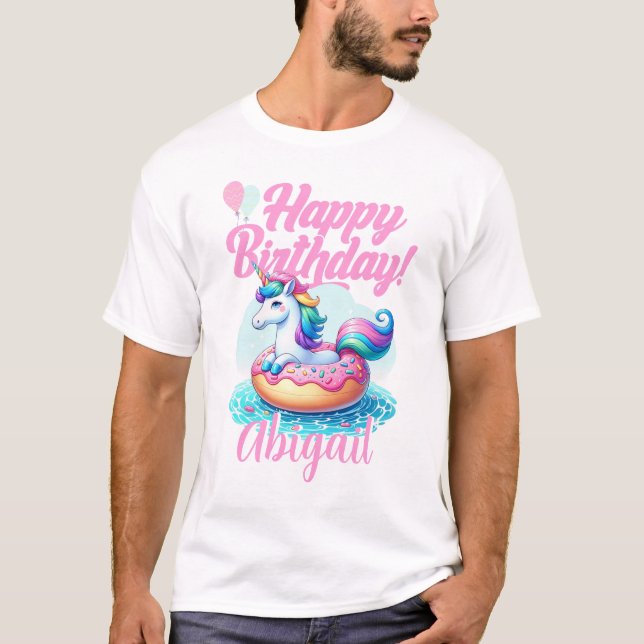 Whimsical Unicorn Donut Cute Rainbow Pool Party T-Shirt (Front)