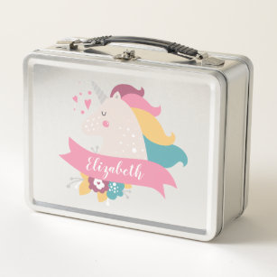 Whimsical Unicorn   Floral Personalized Metal Lunch Box