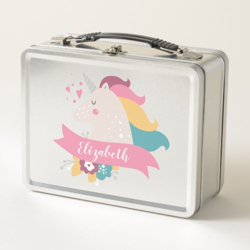 Whimsical Unicorn  Floral Personalized Metal Lunch Box