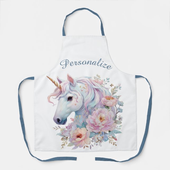 Whimsical Unicorn Floral Personalized Name Apron (Front)