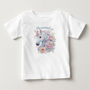 Whimsical Unicorn Floral Personalized Name Baby T-Shirt