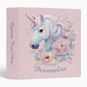 Whimsical Unicorn Floral Pink Glitter Personalized 3 Ring Binder