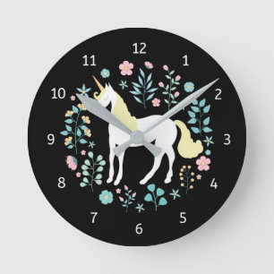 Whimsical Unicorn & Flowers Black Round Clock