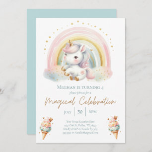 Whimsical Unicorn, Ice Cream & Rainbow Birthday Invitation