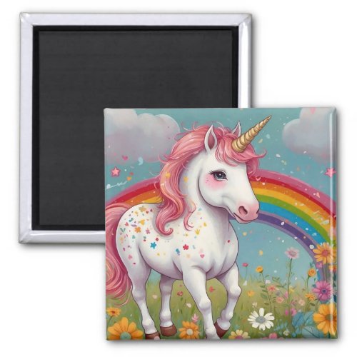 Whimsical Unicorn in Rainbow Floral Meadow  Magnet