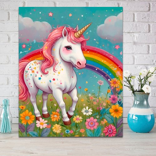 Whimsical Unicorn in Rainbow Floral Meadow  Poster