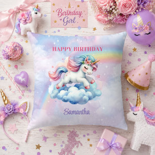 Whimsical Unicorn Pastel Colors Girl Birthday Pill Throw Pillow
