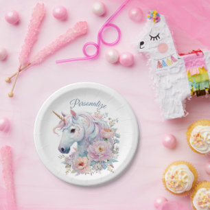 Whimsical Unicorn Pastel Floral Accents Paper Plates