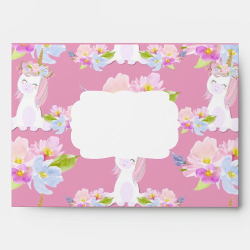 Whimsical Unicorn Pink Blue Floral 5x7 Card A7   E Envelope