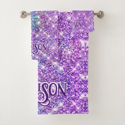 Whimsical unicorn purple glitter monogram bath towel set