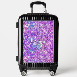 Whimsical unicorn purple glitter monogram luggage