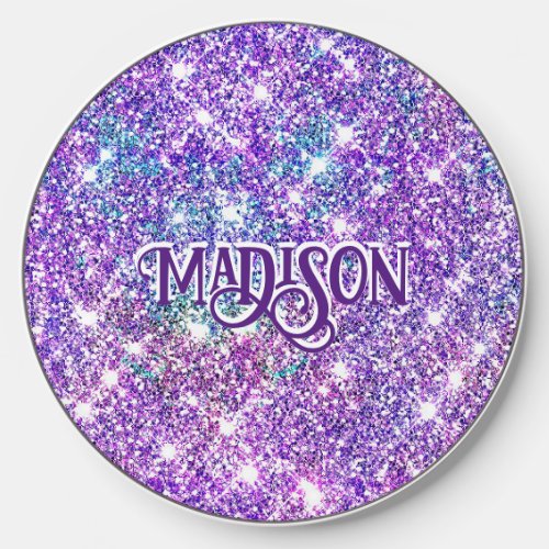 Whimsical unicorn purple glitter monogram wireless charger 