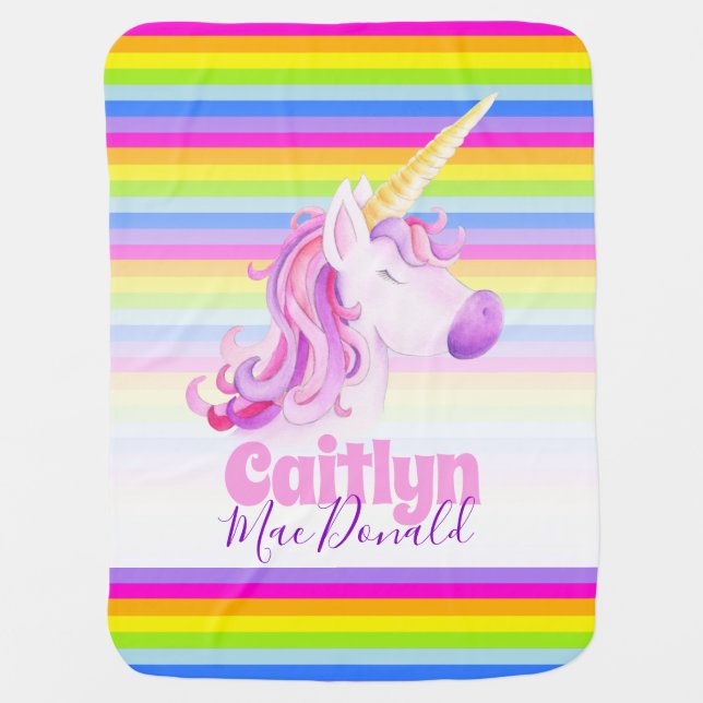 Whimsical unicorn rainbow stripes baby blanket (Front)