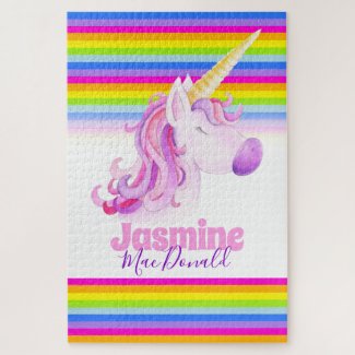 Whimsical unicorn rainbow stripes jigsaw puzzle
