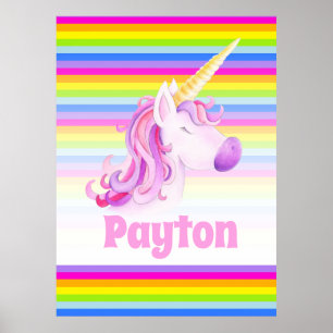 Whimsical unicorn rainbow stripes personalized poster