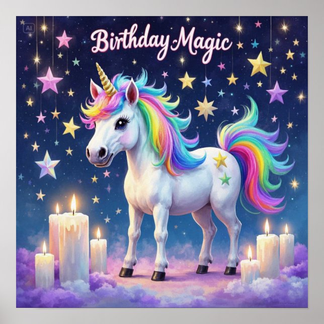 Whimsical unicorn with rainbow Birthday Magic art Poster (Front)