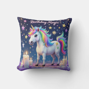 Whimsical unicorn with rainbow Birthday Magic art Throw Pillow