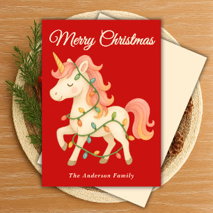 Whimsical Unicorn with String Lights Christmas Holiday Card