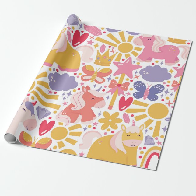Whimsical Unicorn Wonderland Wrapping Paper (Unrolled)