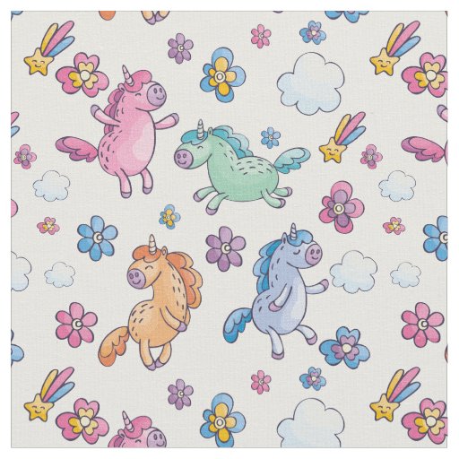 Whimsical Unicorns and Bright Pretty Flowers Fabric
