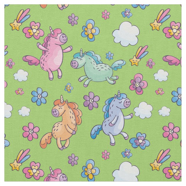 Whimsical Unicorns and Bright Pretty Flowers Fabric (Close Up)