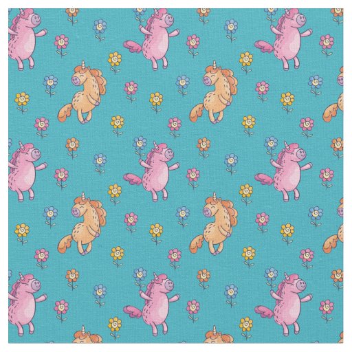 Whimsical Unicorns and Pretty Flowers Pattern Fabric